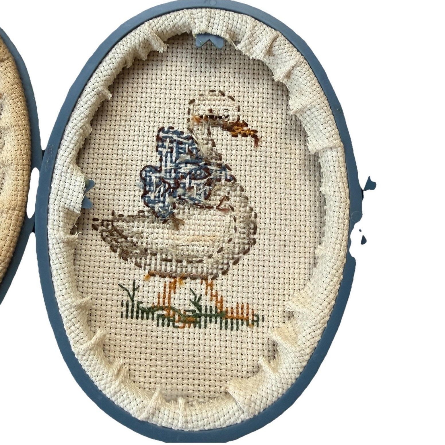 Vintage Hand Embroidered Country Goose Wall Art Blue Frame Cottagecore Decor