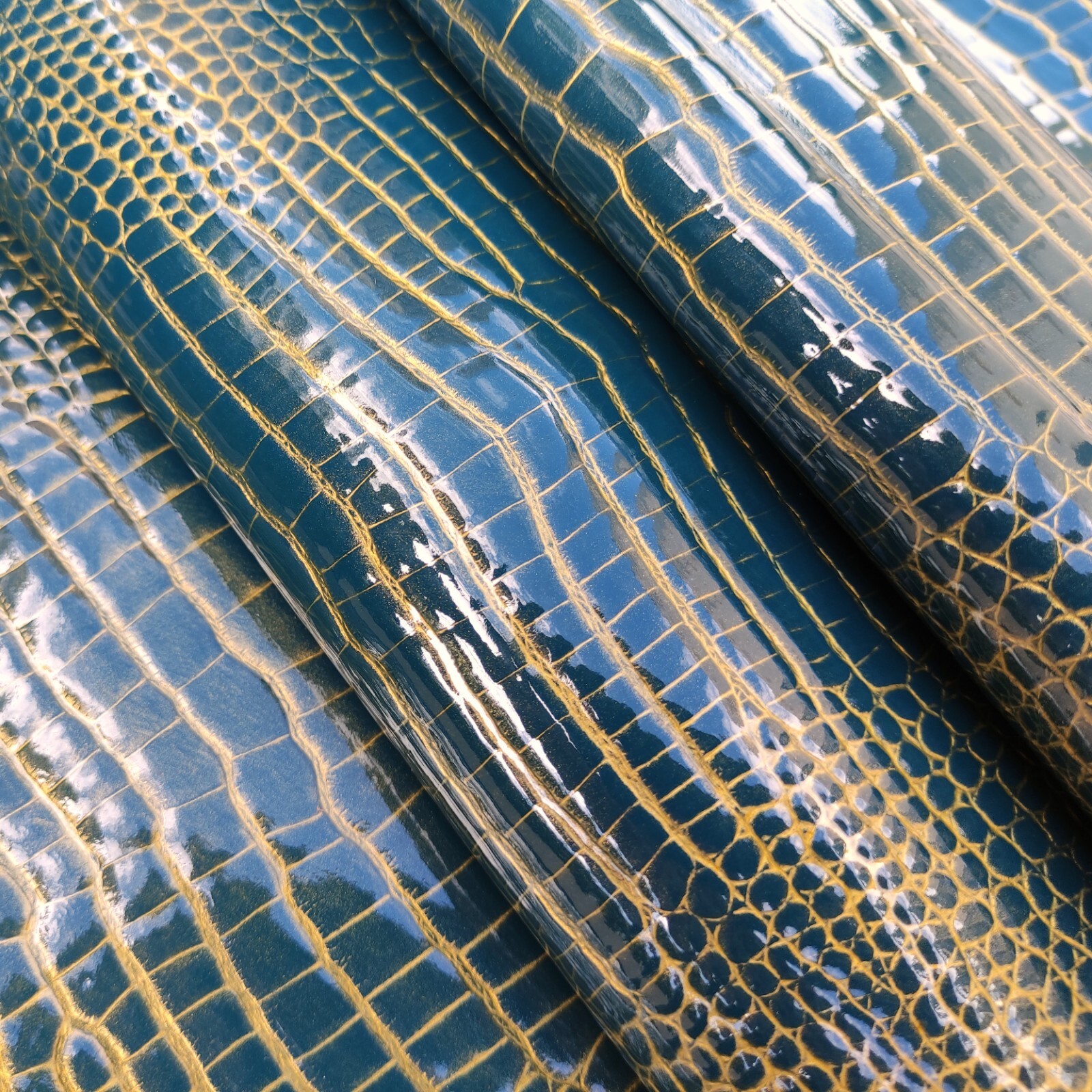 Blue patent gold embossed crocodile sheep skins pieces for purses and crafts