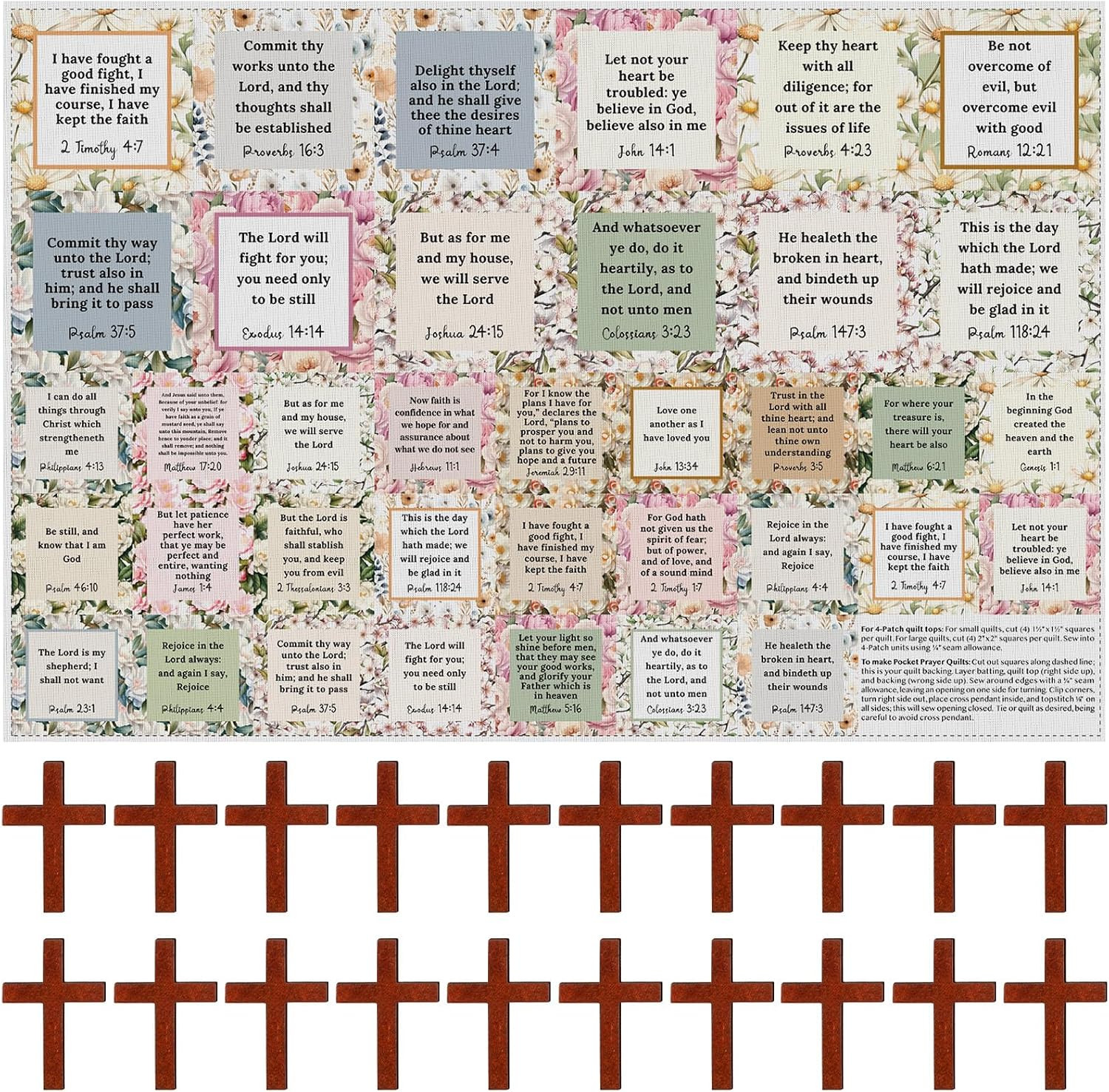 38 Sets Pocket Prayer Quilt Kits with Wooden Crosses, Mini Prayer Cloth Squares