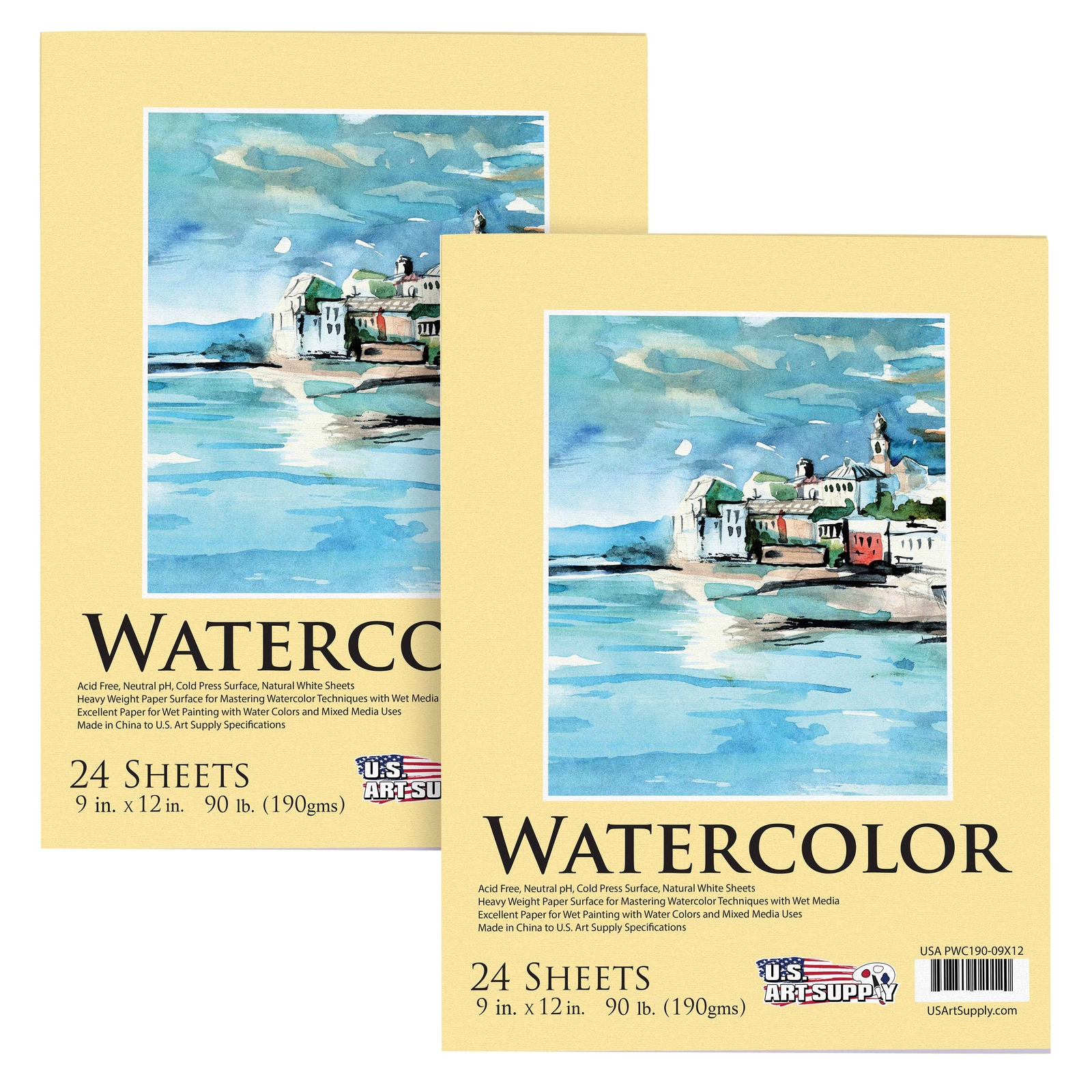 9″ x 12″ Watercolor Painting Paper Pads, 2 Pads, 24 Sheets Each, 90lb 190gsm