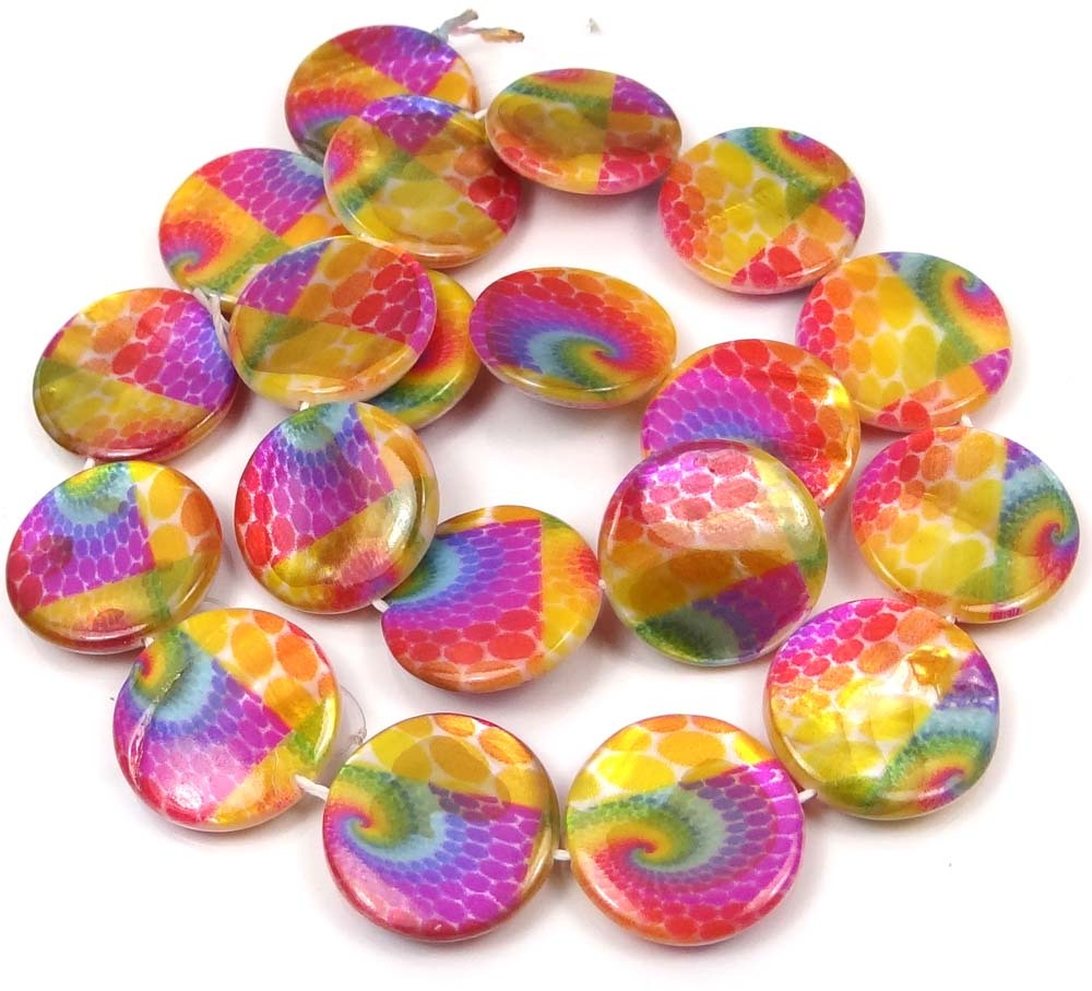 20mm Colorful Peacock Feather Mother Of Pearl Disc MOP Beads 15.5″