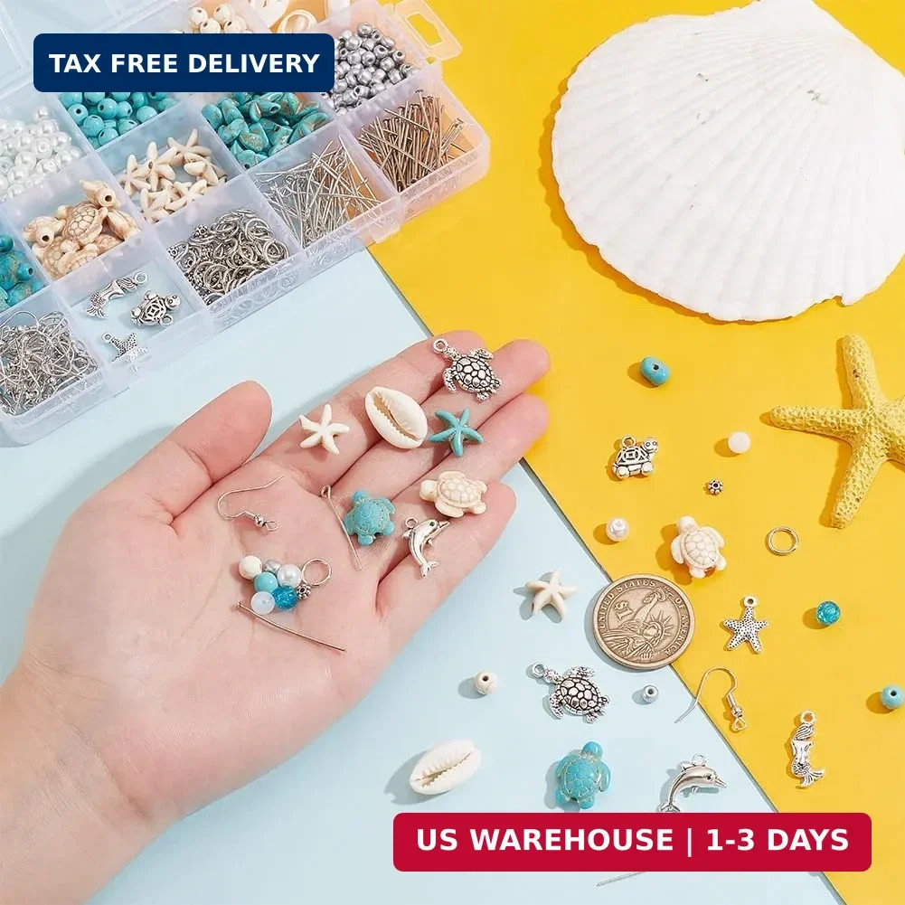 PH PandaHall 575pcs Turquoise Turtle Beads Ocean Beads Charms Starfish Seashell
