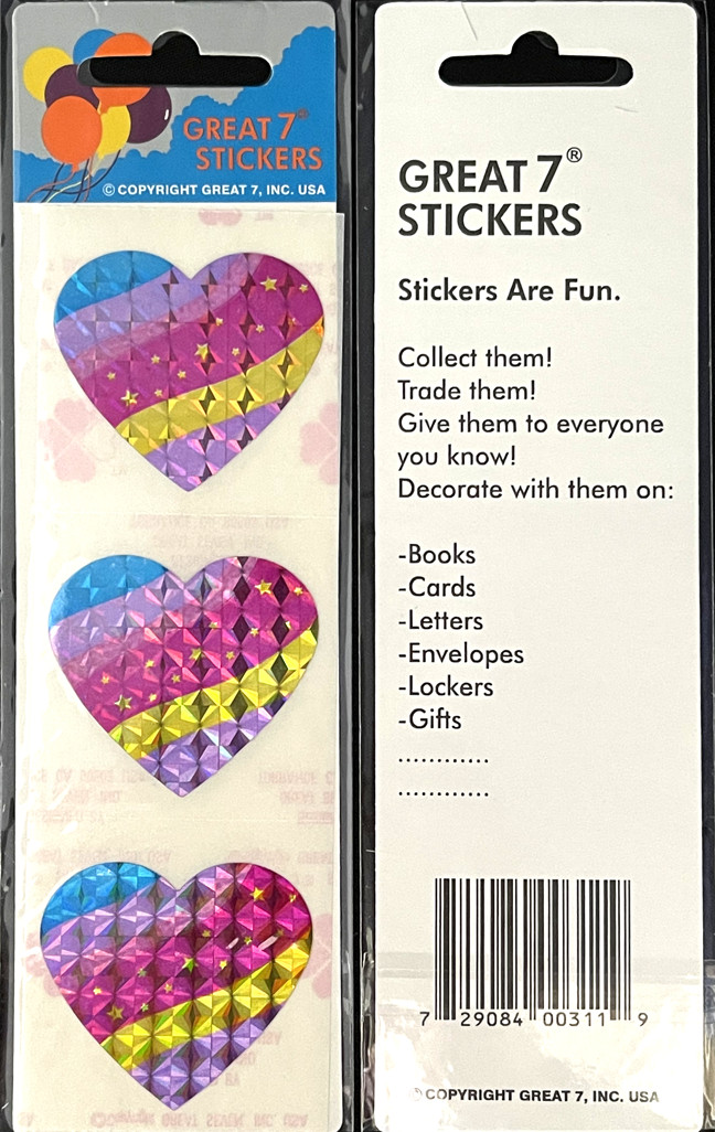 12 packages of Prismatic Heart with Rainbow Stickers, “Great 7” Sticker, PPZ6022