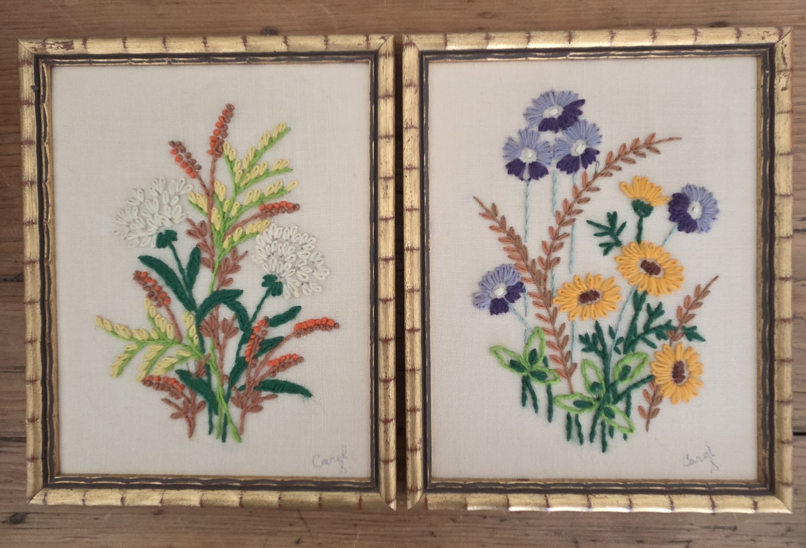 VTG Crewel Embroidery Wall Art Pair Flowers Faux Bamboo Gold Frame Grannycore