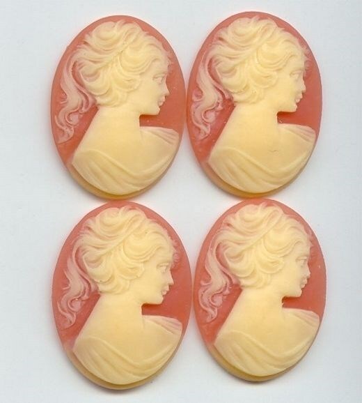 3 VINTAGE CORNELIAN ACRYLIC VICTORIAN LADY HEAD PONY TAIL 40x30mm OVAL CAMEO C45