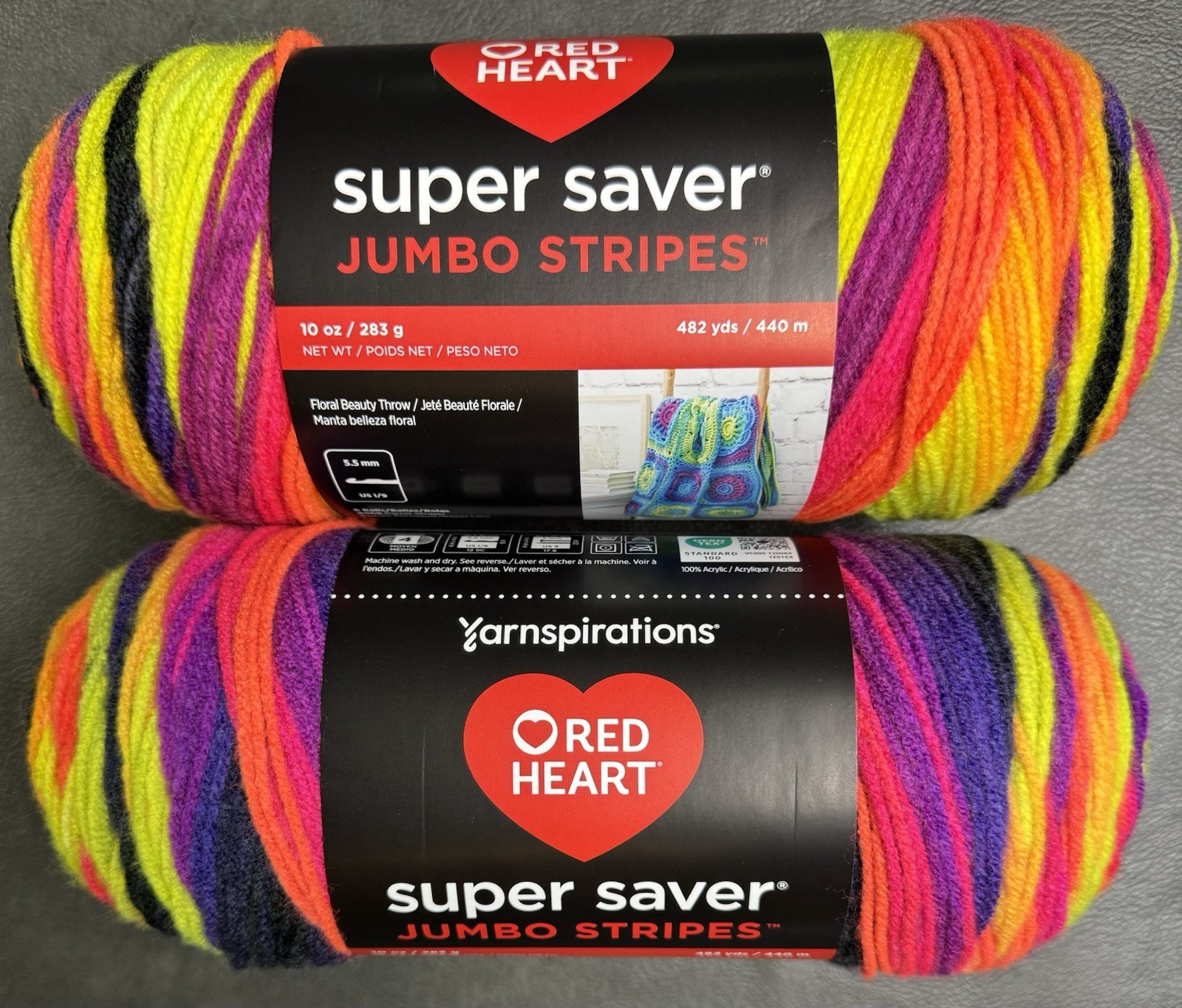 Two Red Heart Super Saver Jumbo Bright Stripe 10 Oz Each Skein; 20 Oz Total