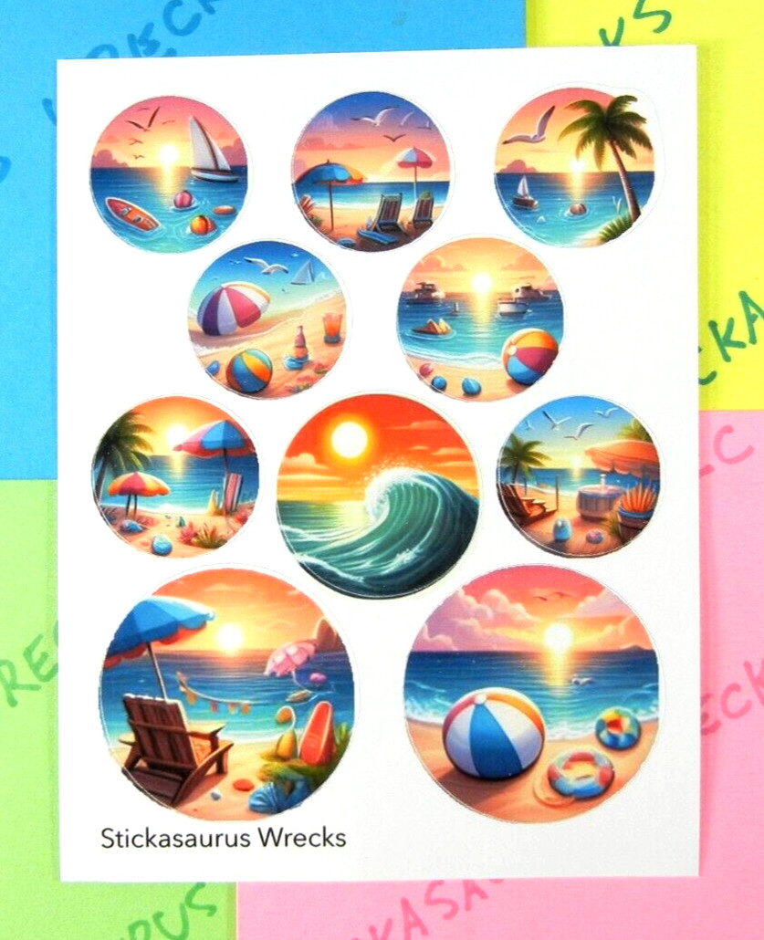 Beach & Tropical Scenes Round Stickers Sheet Style 1