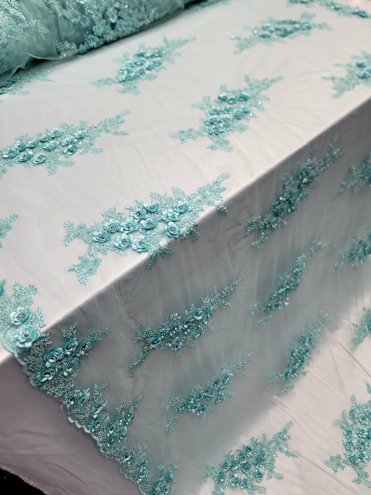 Mint 3D Floral Lace Fabric by the Yard Flowers on Mint Mesh for Dresses Prom