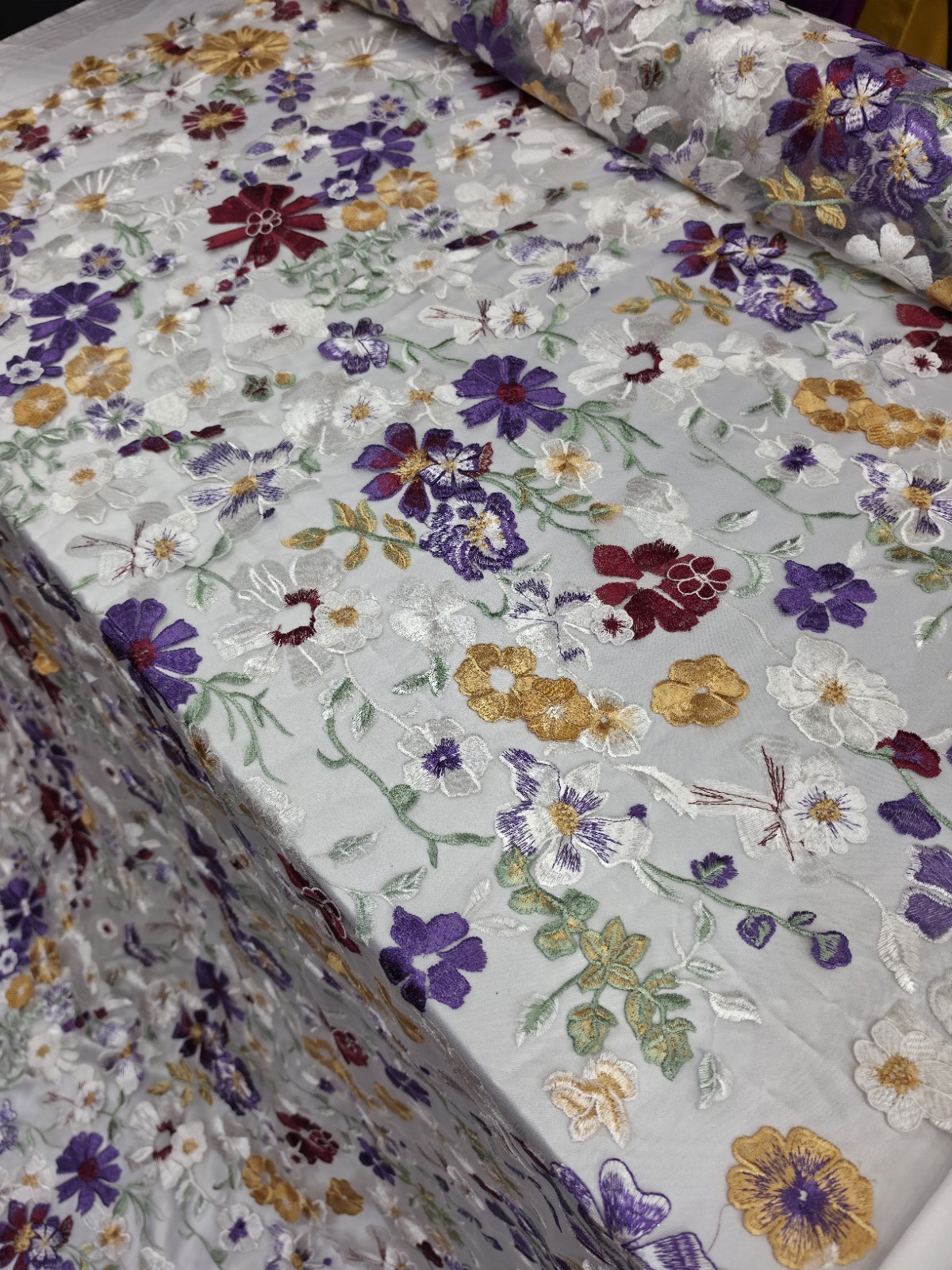 Lace Multicolor Embroidery 3d Lavender Floral Fabric By The Yard White Mesh