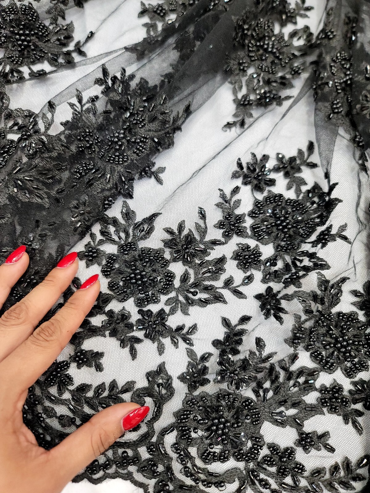 Black Lace Fabric By The Yard Embroidered Floral LACE BEADED Scalloped For Dress