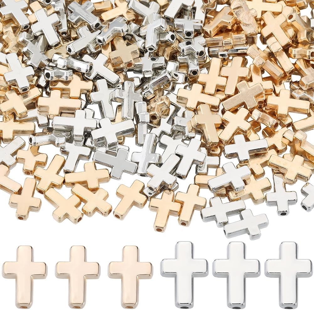 1 Box 400Pcs Gold Cross Beads Silver Crosses Spacer Bead Bulk Plastic Crucifix B