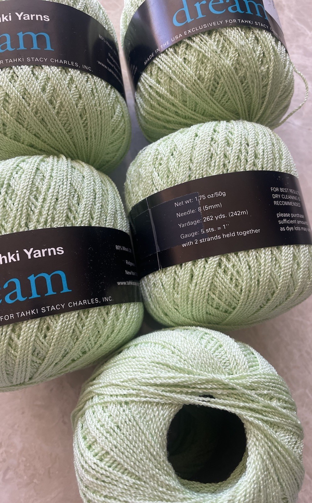 Lot of 5, Tahki Yarns DREAM, 80% Wool/20% Nylon, 50g/242y, col#003, Pale Green