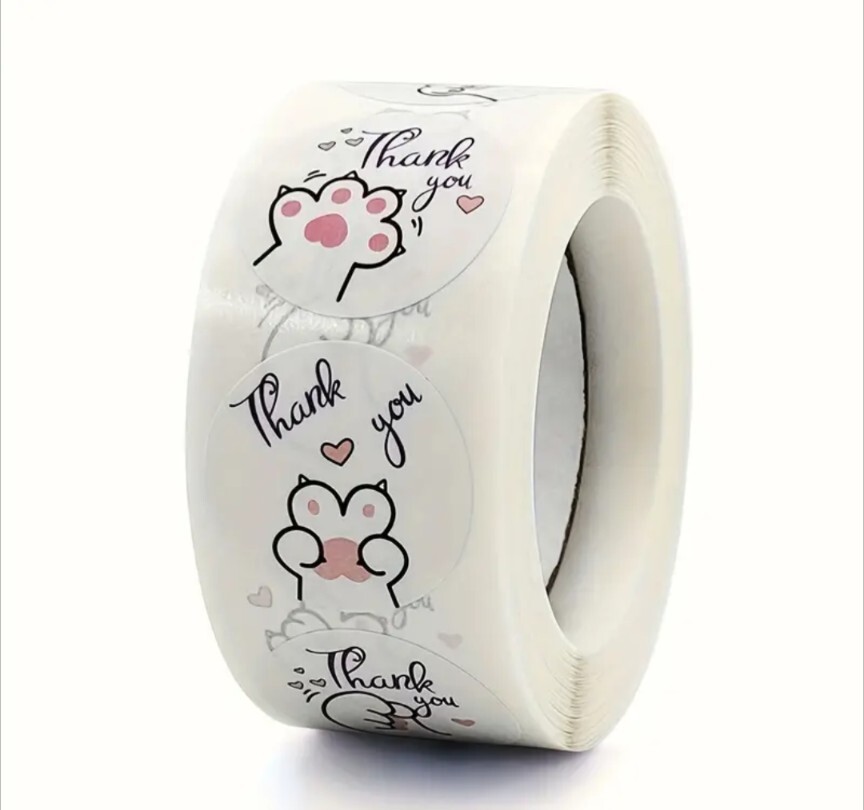 500 pcs Sticker Roll Cat Paw Print Thank You Design Semi Gloss Self Adhesive NEW