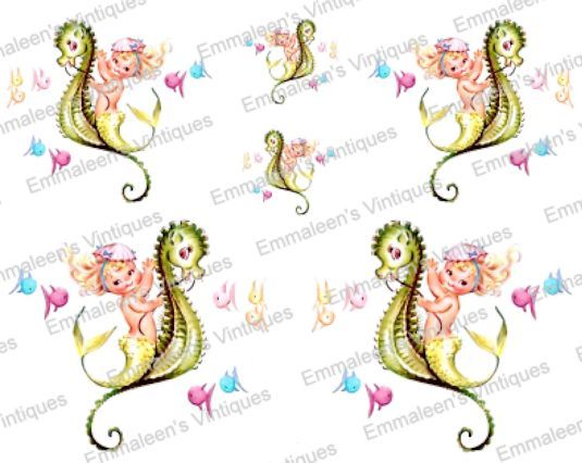 Vintage Image Mermaid Riding Seahorse Angels Fairies Waterslide Decals KID663