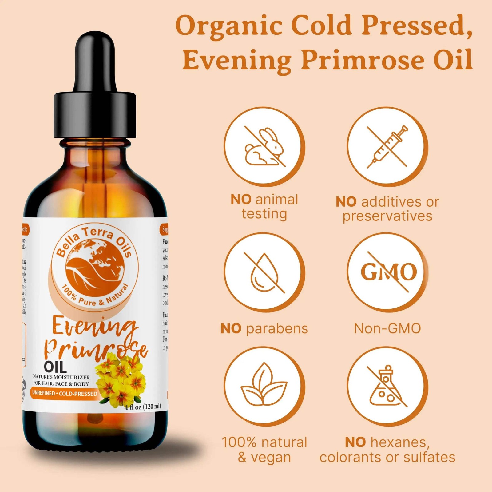 Organic Cold-Pressed Evening Primrose Oil 100% Pure Skin Hair Face Moisturizer
