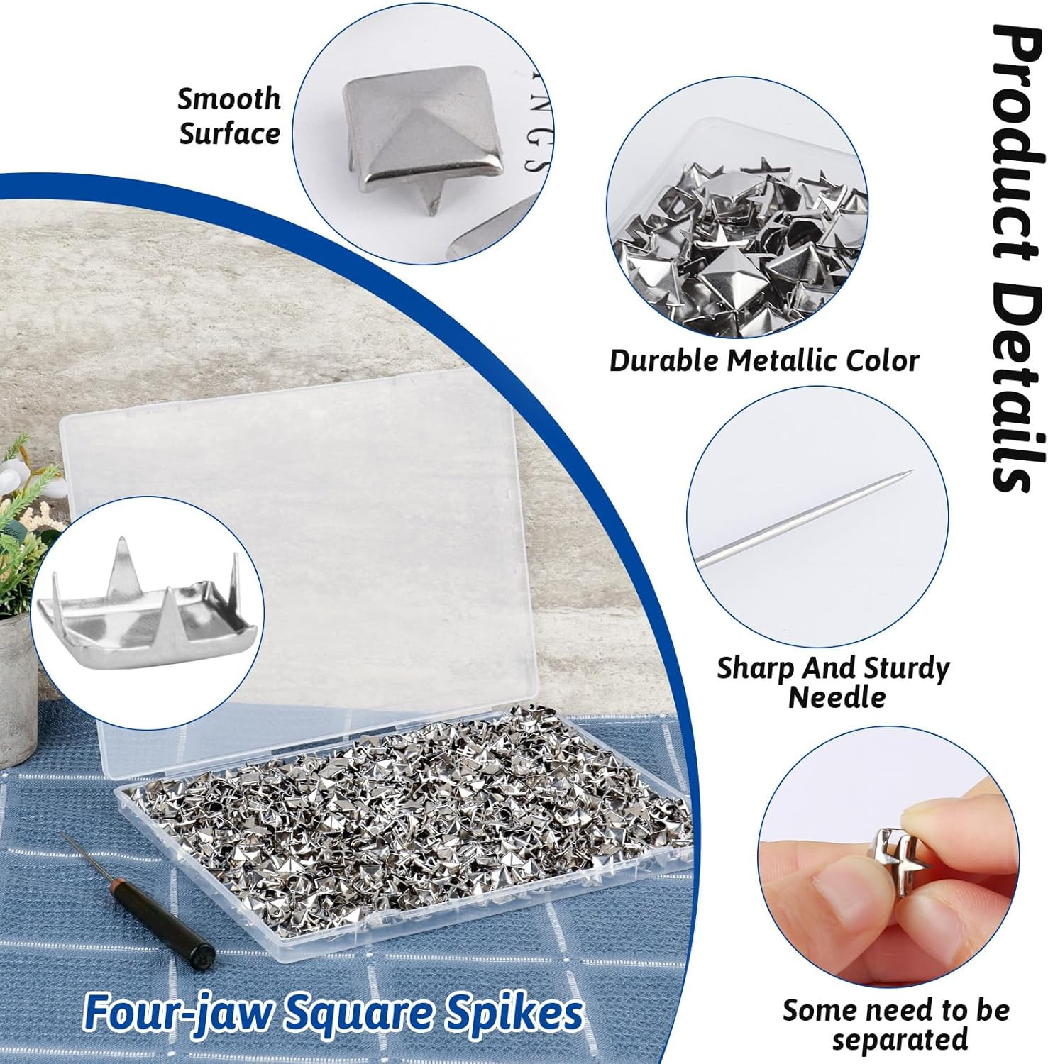 1300 Pieces 10 Mm Silver Pyramid Studs for Clothing, Four-Jaw Square Metal Studs