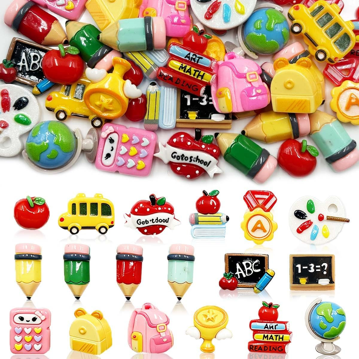 Back to School Flatback Resin Charms, 36Pcs School Supplies Cute Cartoon