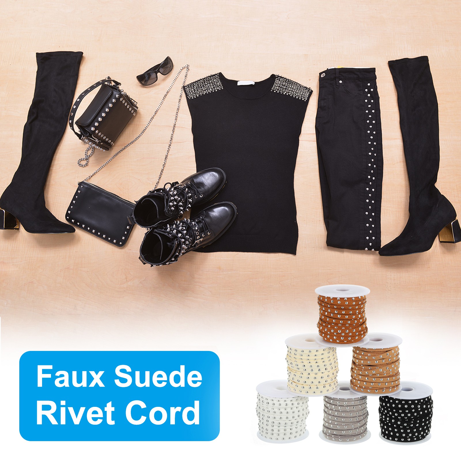 65.6Yards Faux Suede Cord Silver Rivets (Black/White/Grey/Beige/Coffee/Khaki)