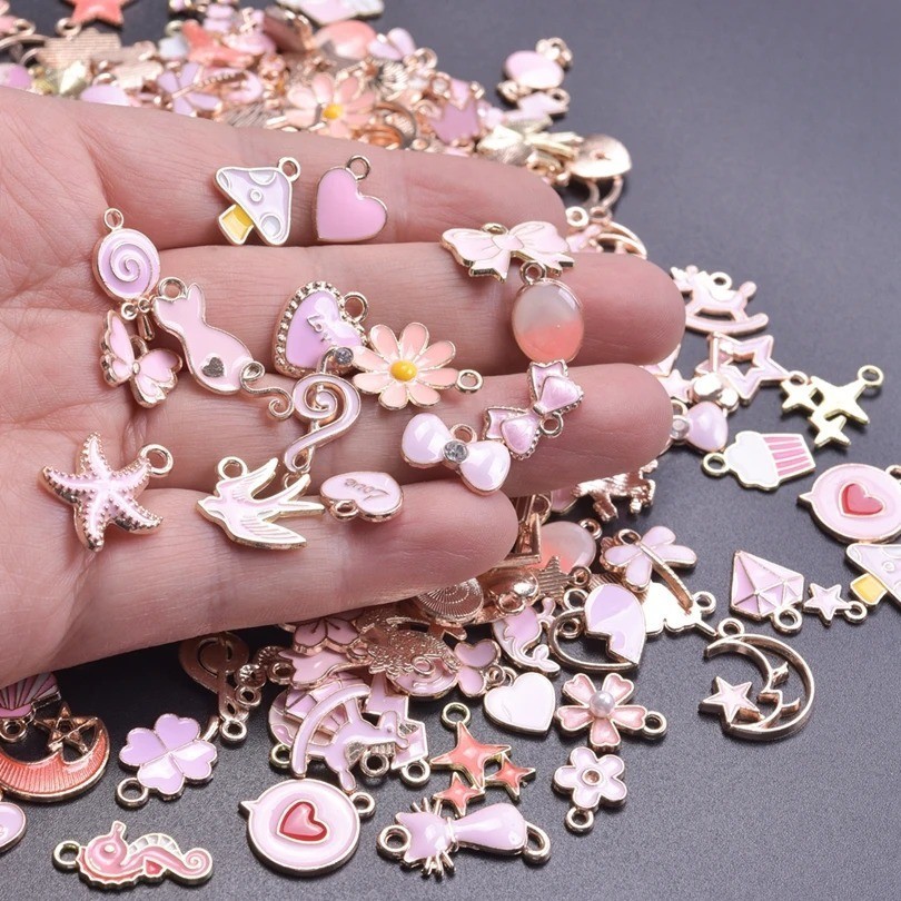50pcs Pink Enamel Charms Mixed Animal Heart Flower Moon DIY Jewelry
