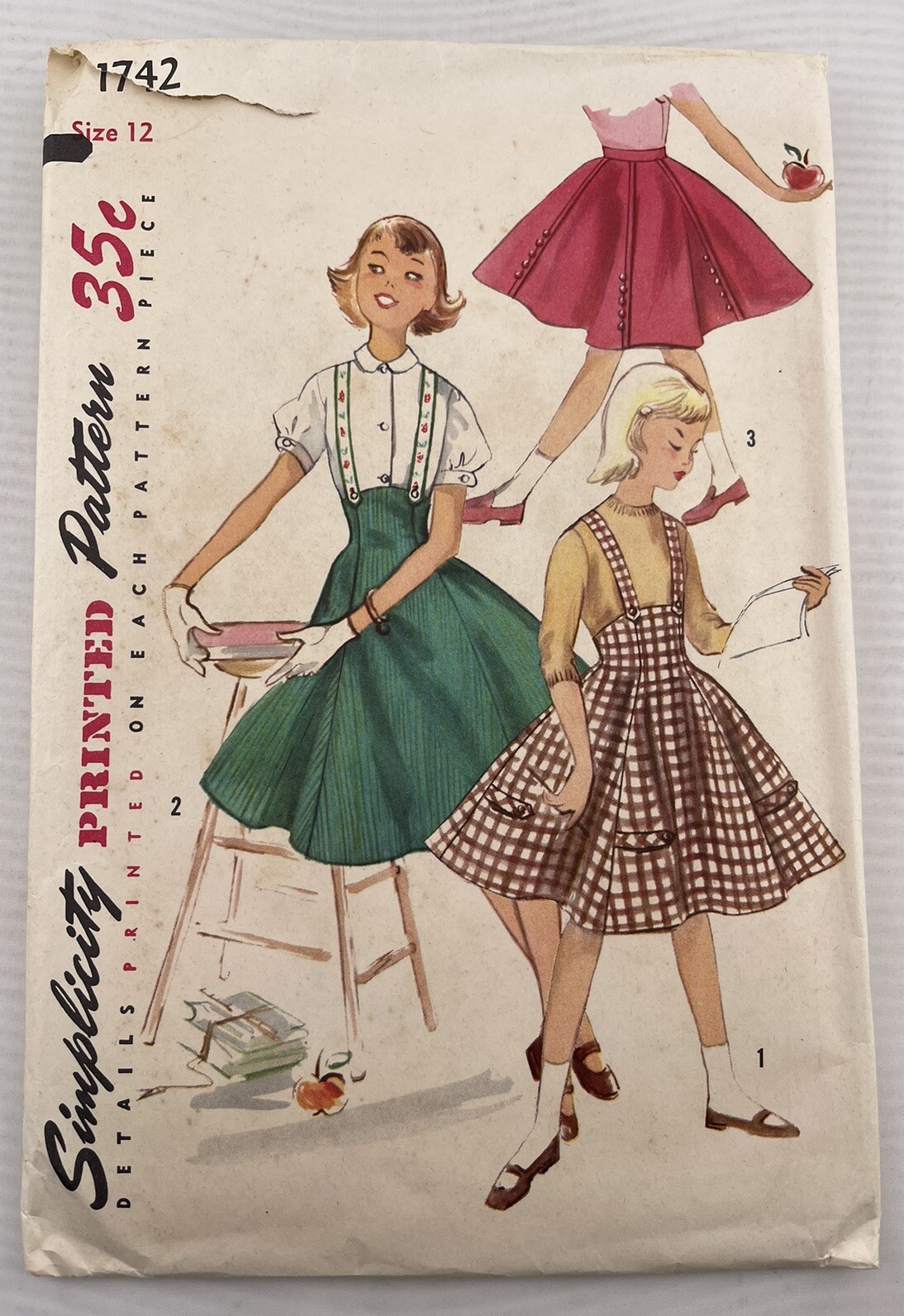 Skirt Bib Suspender Simplicity Sewing Pattern 1742 Girls 12 VTG 50s Fit Flare