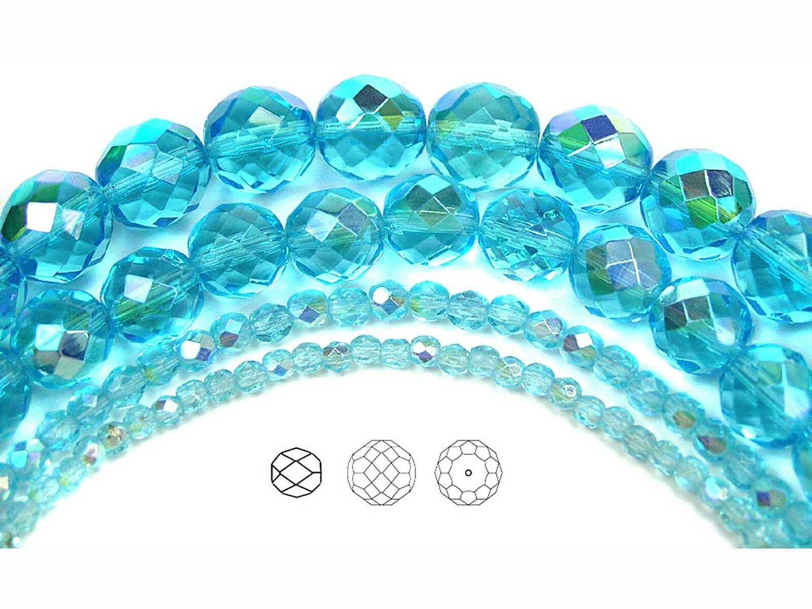 Czech Fire Polished Round Faceted Glass Beads in Aqua AB, Preciosa Bohemica blue