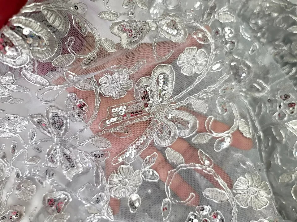 “Silver Sequin and Butterfly Embroidered Lace Fabric – Sold by the Yard