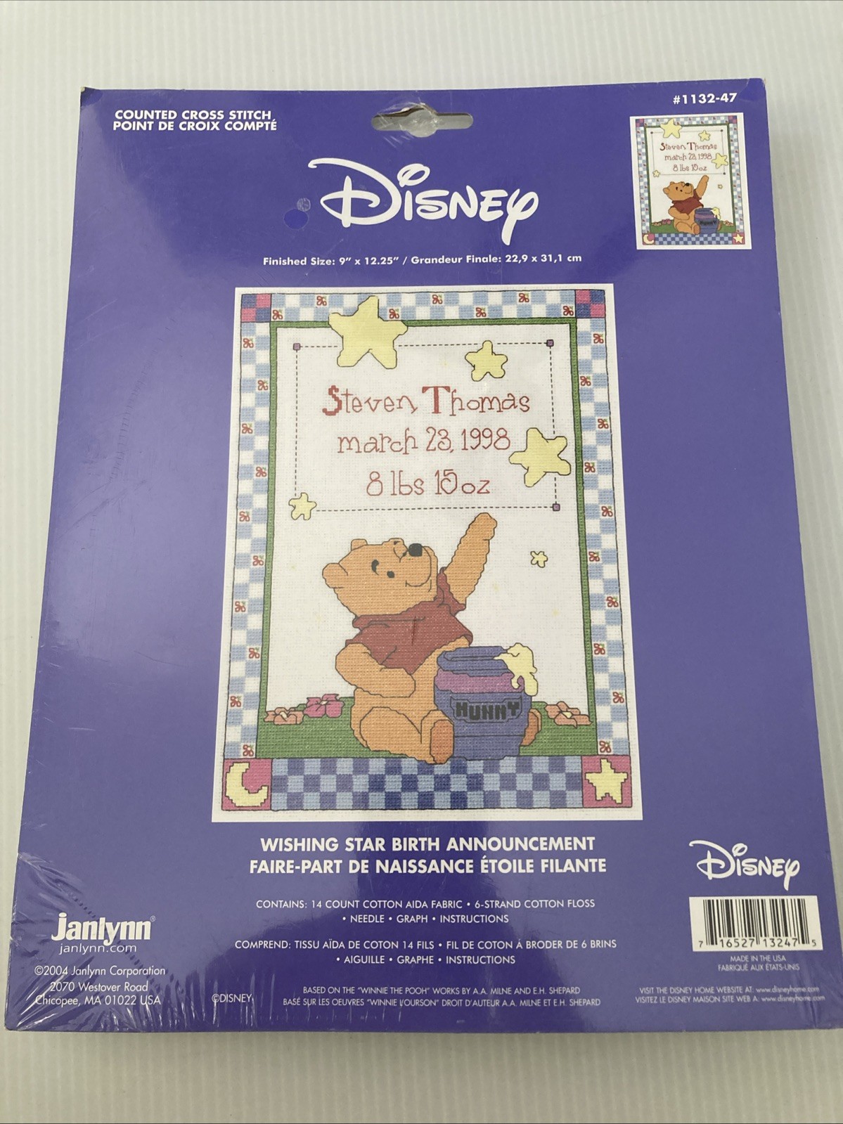 Winnie The Pooh Cross Stitch Wishing Star Birth Announcement Kit Janlynn 1132-47