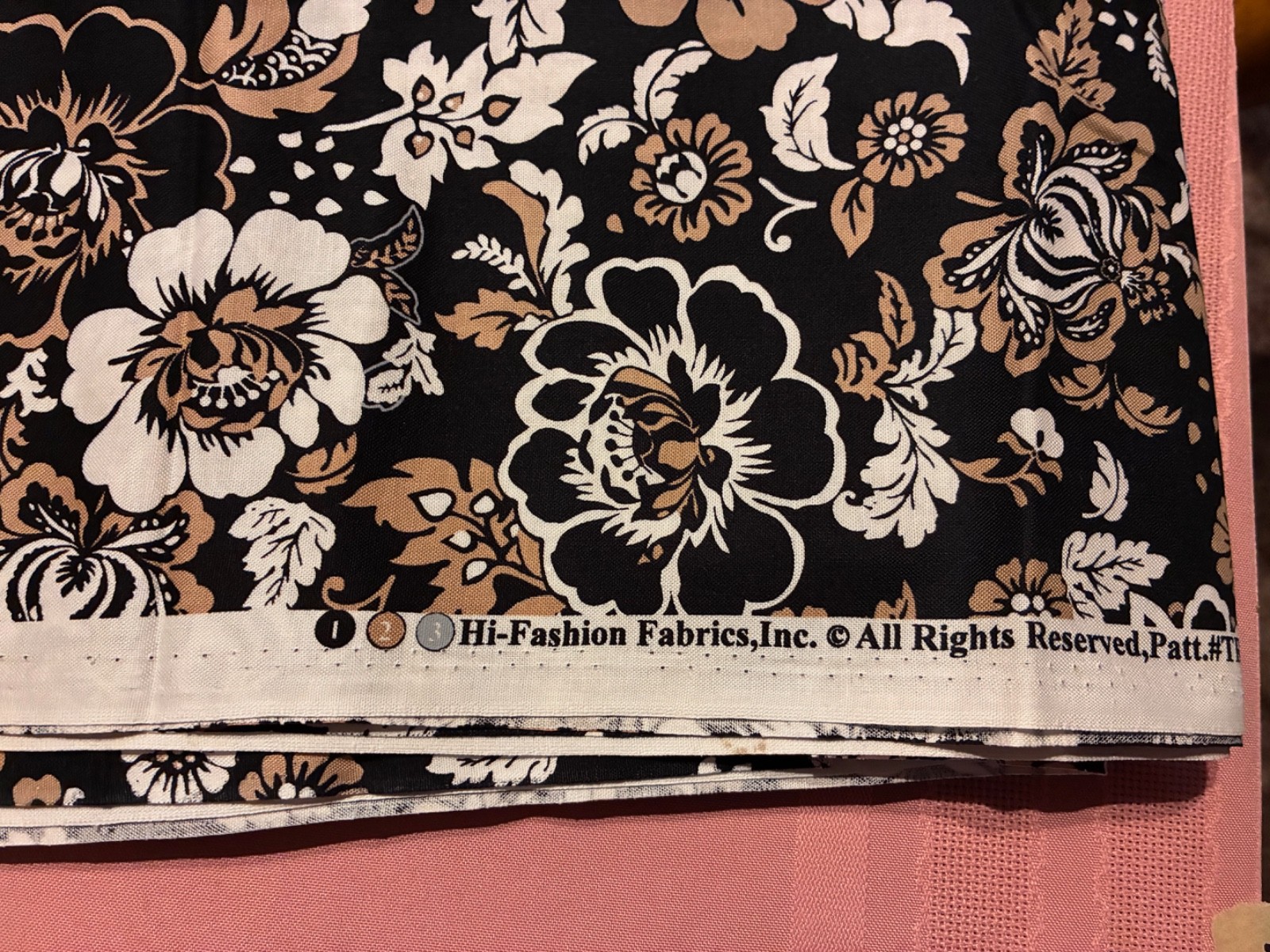 NOS 3.5 YDS HI-FASHION FABRIC TAN, WHITE FLORAL ON BLACK TRIO C-3154