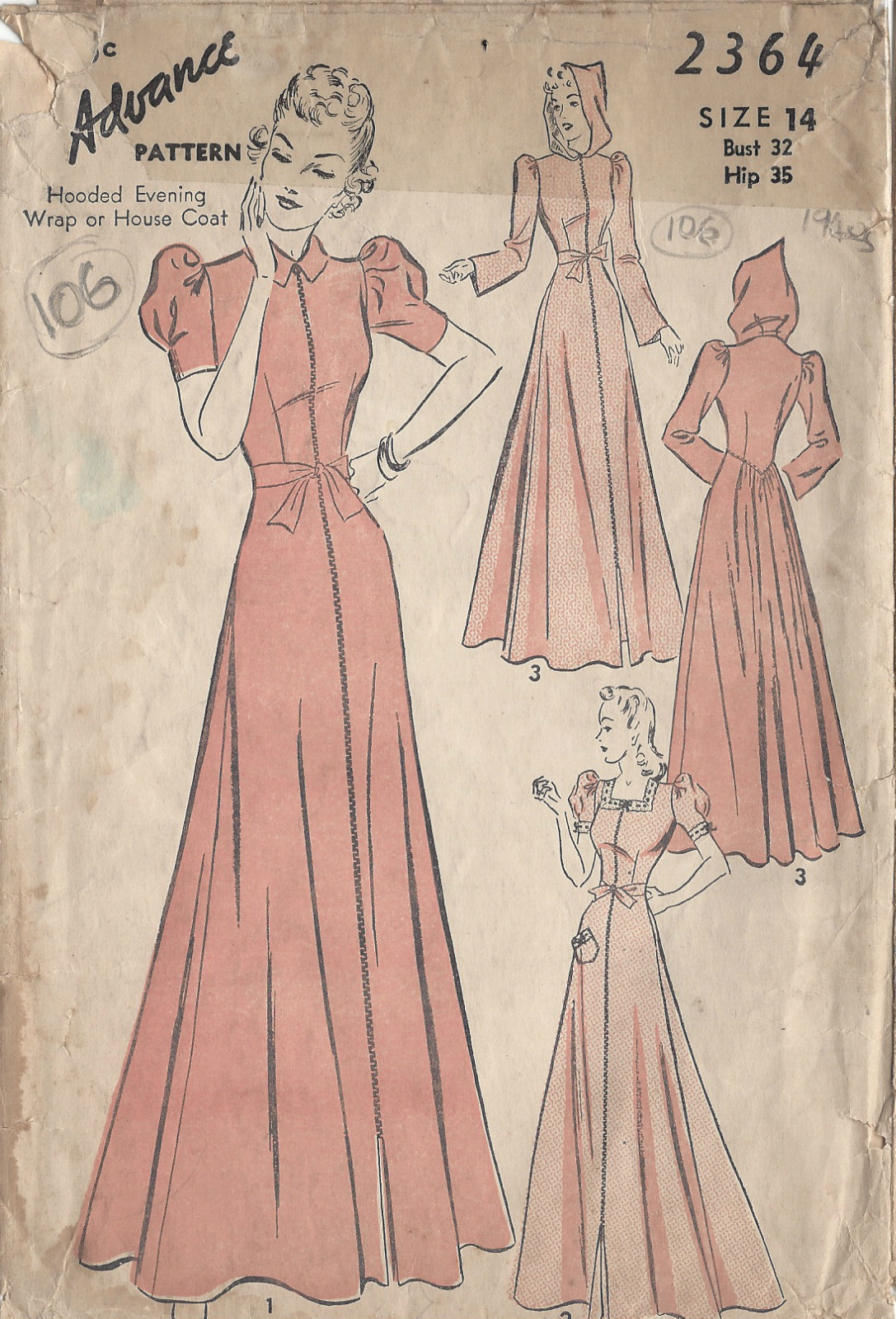 1940s Vintage Sewing Pattern HOUSE COAT-NEGLIGEE B32″ (106)