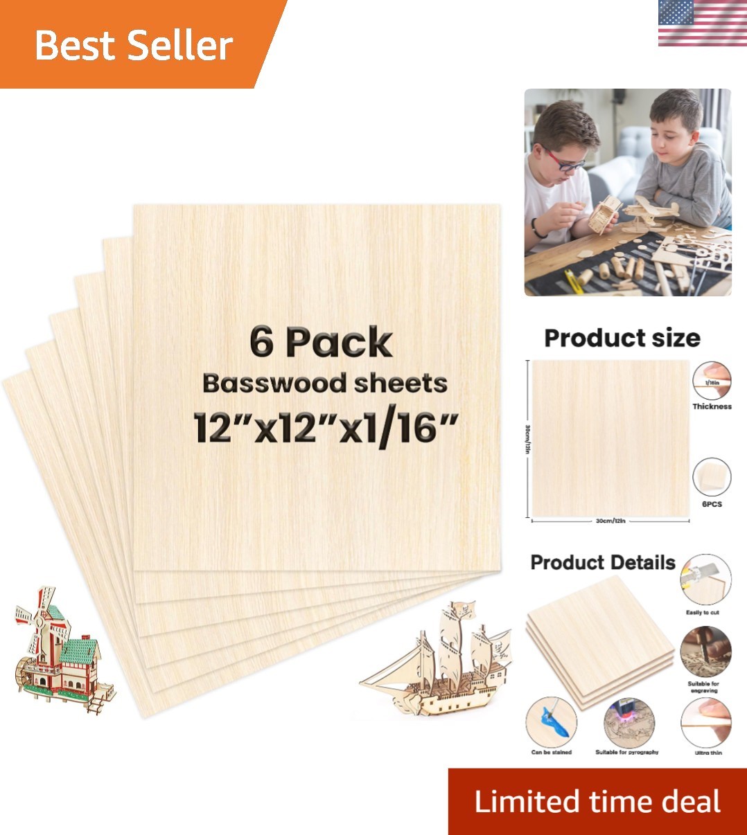 6 Pack Basswood Sheets 12 x 12 x 1/16 Inch Thin Wooden Sheet Unfinished Woode…
