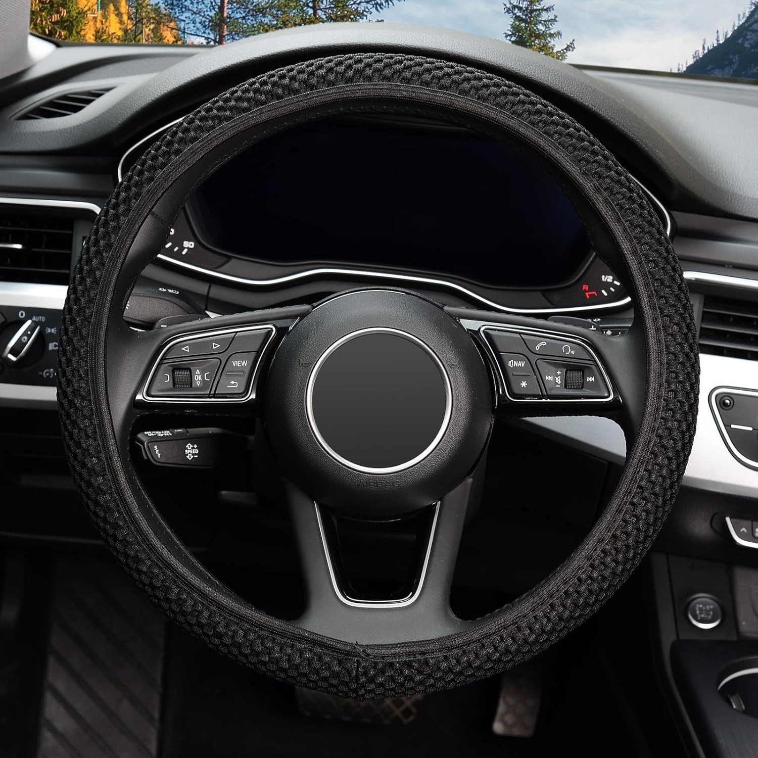 KAFEEK 15″ Elastic Steering Wheel Cover Microfiber Anti-Slip Black Universal