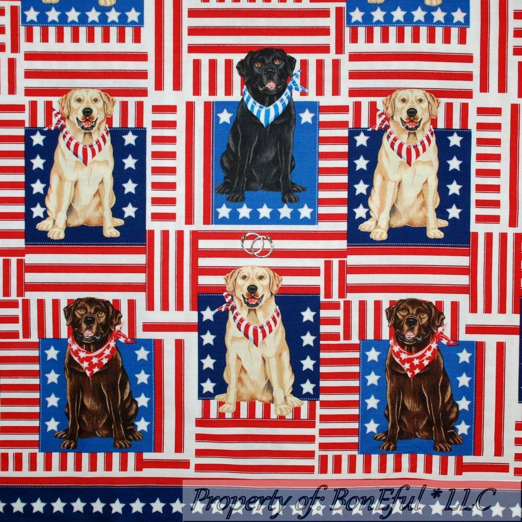 BonEful Fabric FQ Cotton Quilt Red White Blue Dog Black Labrador Retriever Star