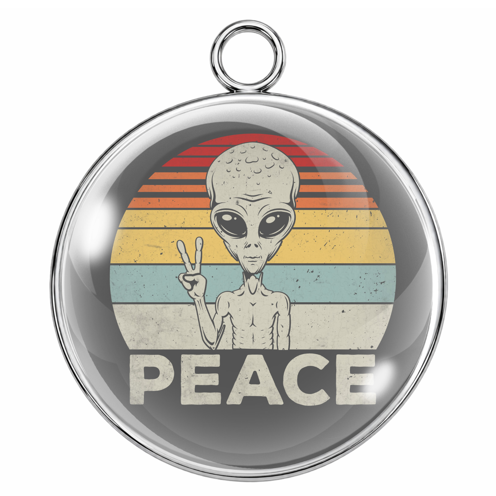 Peace Alien Glass Cabochon Charm – Retro UFO Extraterrestrial Pendant