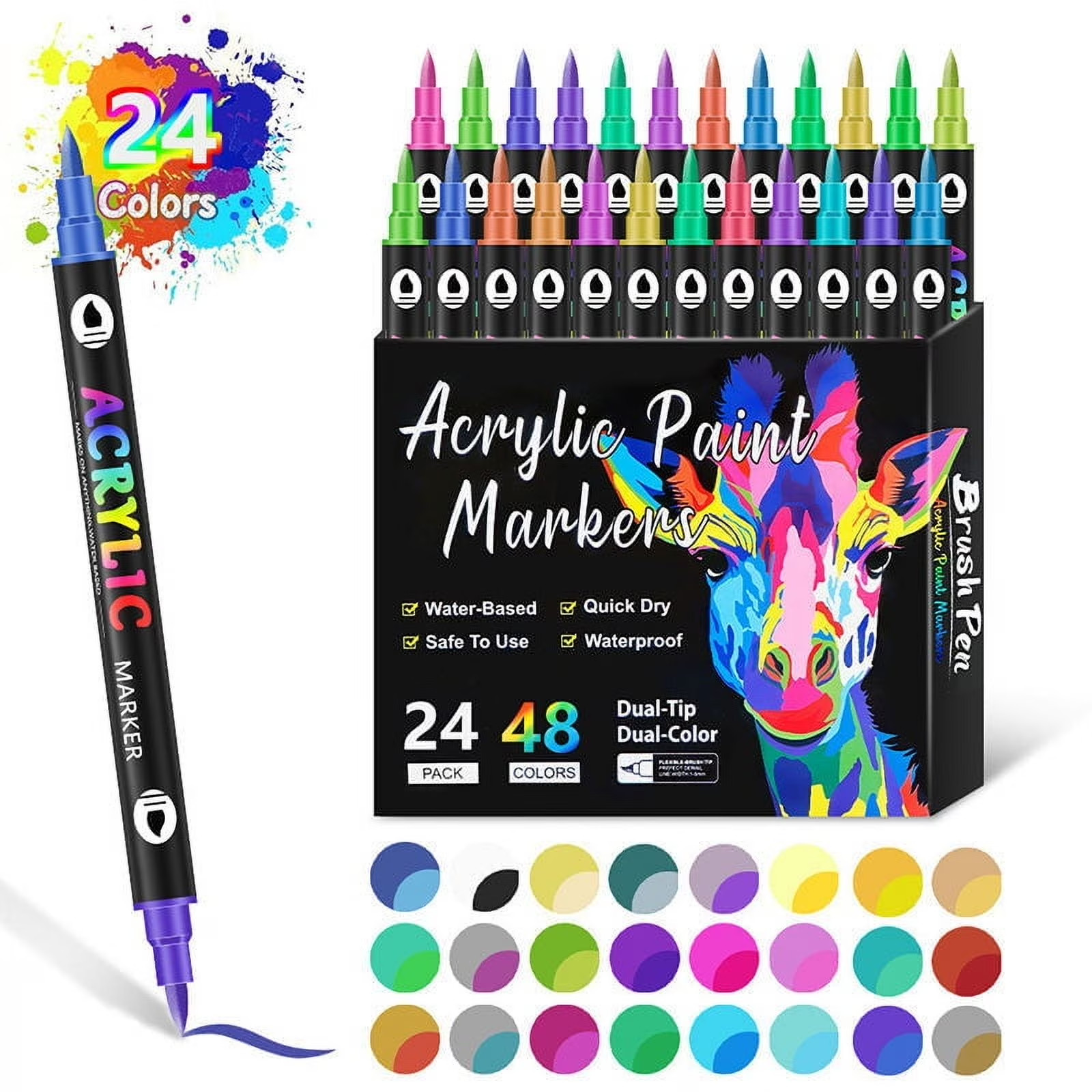 Acrylic Paint Marker Pens Set Brush/Fine Dual Tip Permanent Waterproof Opaque