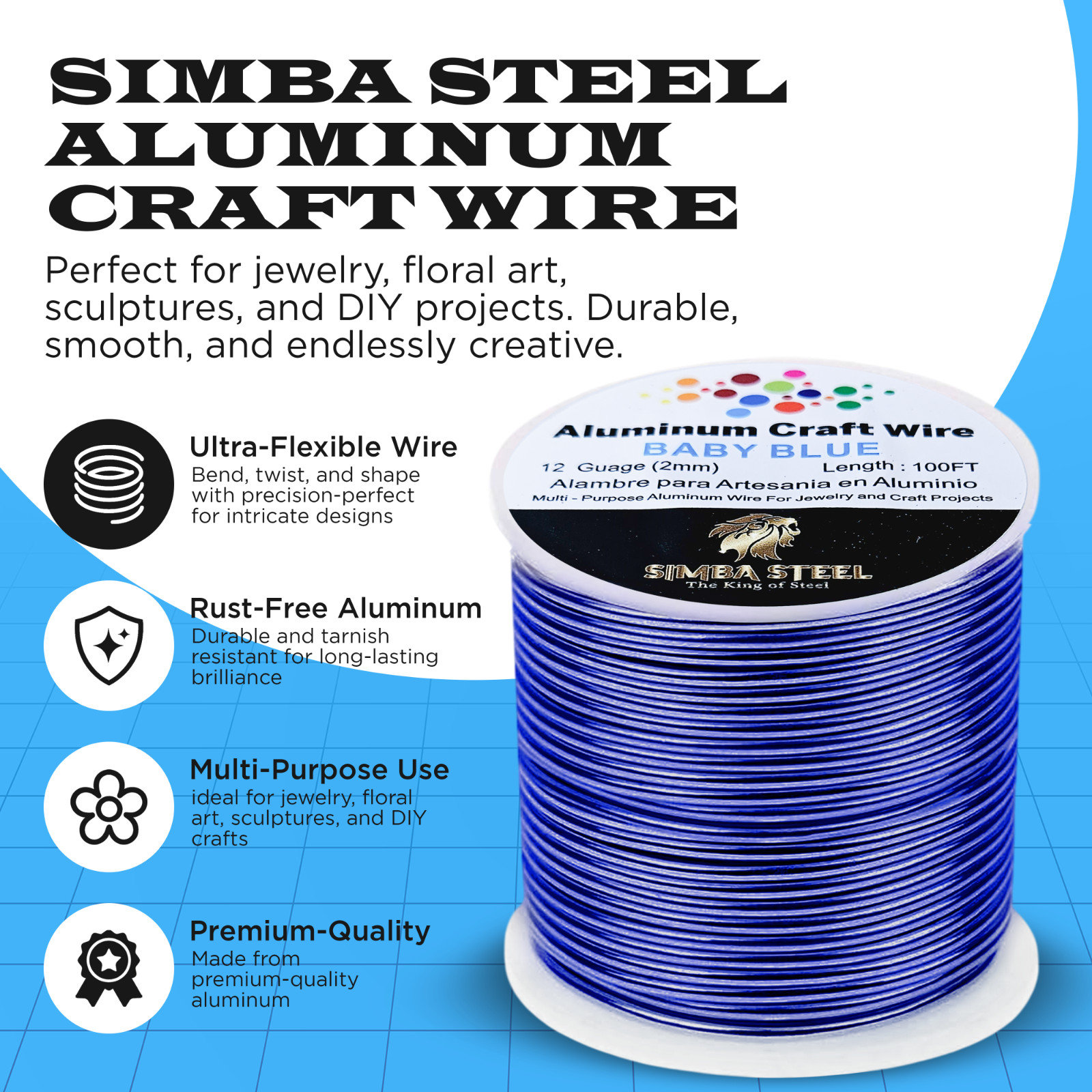 Blue Aluminum Wire 12 Ga x 100 FT 2.0mm Jewelry Wrapping Craft Wire Soft Round