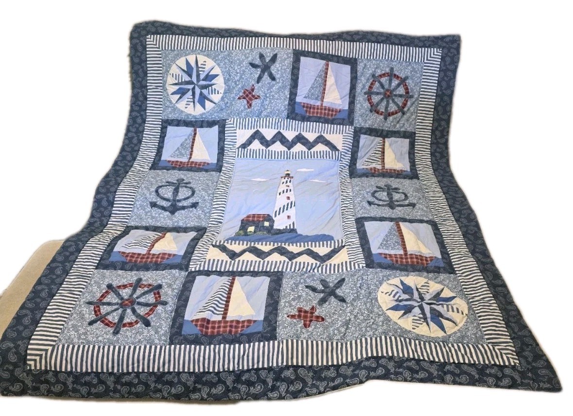 Nautical Quilt Boat Patchwork Americana Coastal Throw 84″ x64” Hand Sewn Great