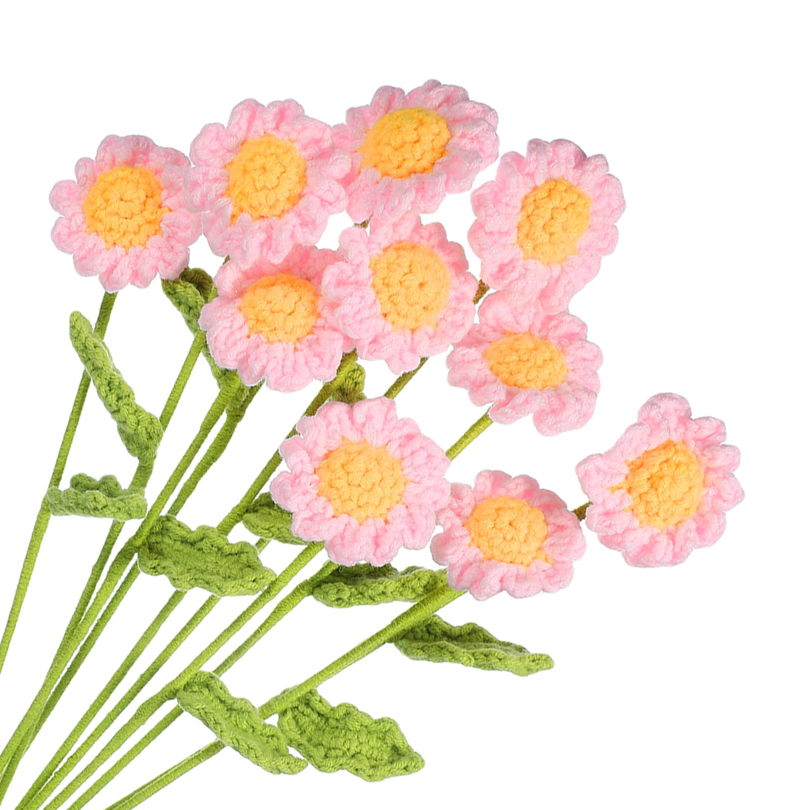 10Pcs, Crochet Flower Handmade Knitted Small Potted Daisy with Stem Pink