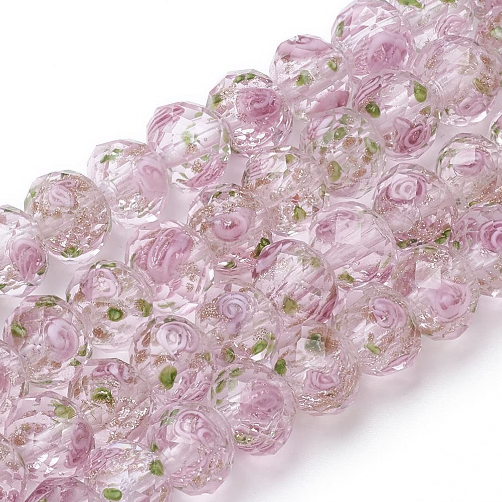PH PandaHall 60pcs 8~10mm Pink Rose Lampwork Beads Gold Sand Glass Beads Flo…