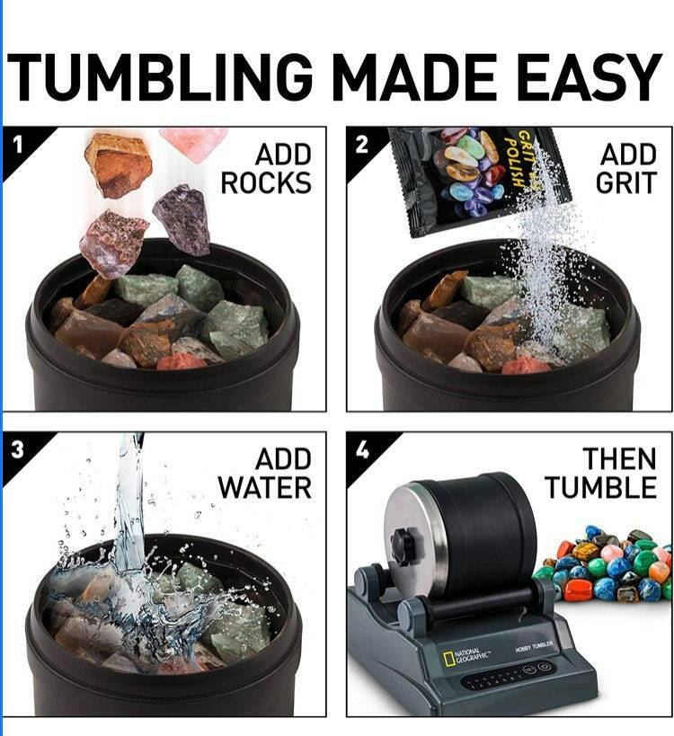 NATIONAL GEOGRAPHIC Hobby Rock Tumbler Kit – Includes Rough Gemstones, 4 Polish