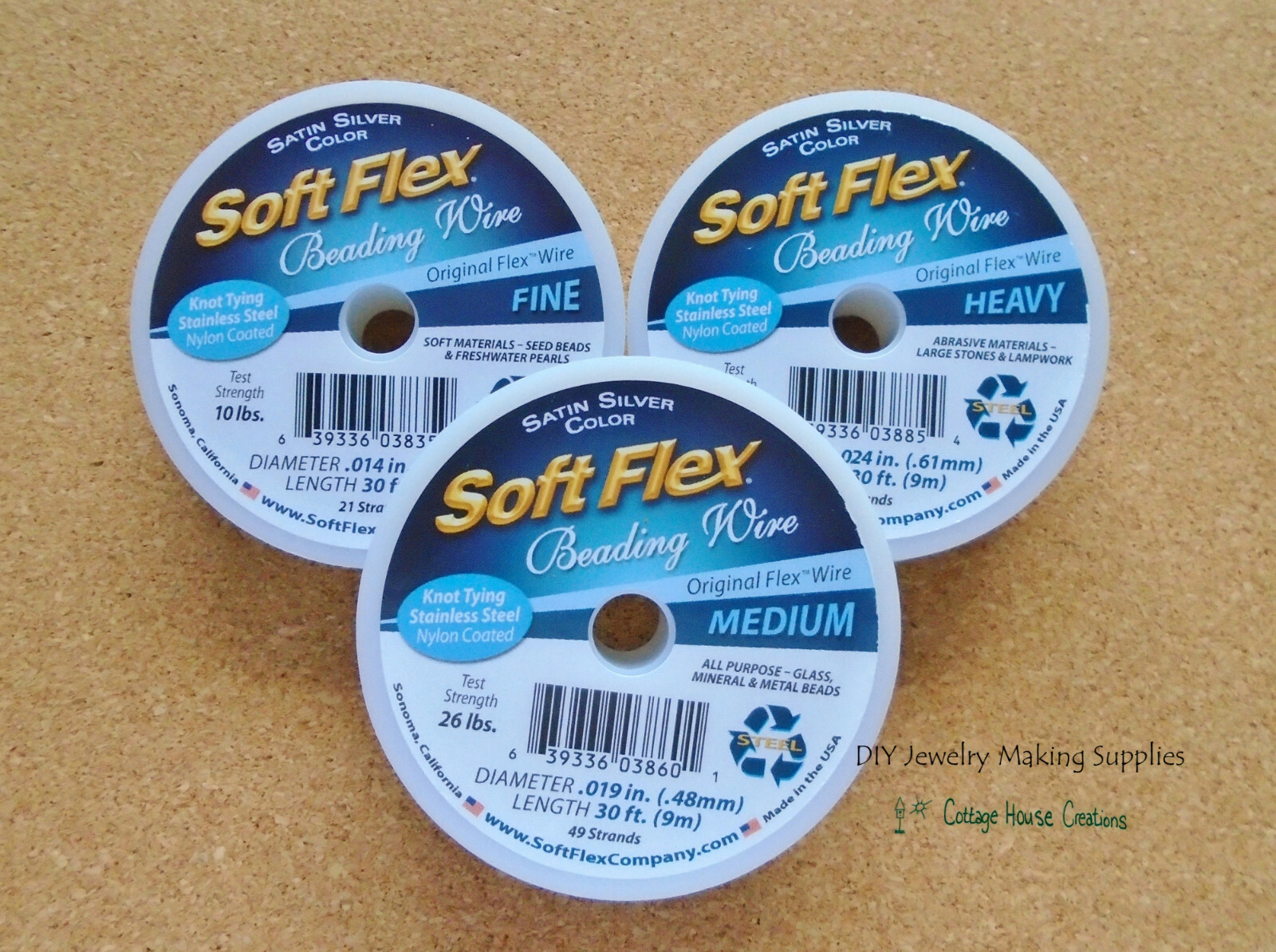 Soft Flex Beading Wire 30 ft Spool, Fine .014, Med .019, Heavy .024 Jewelry Wire