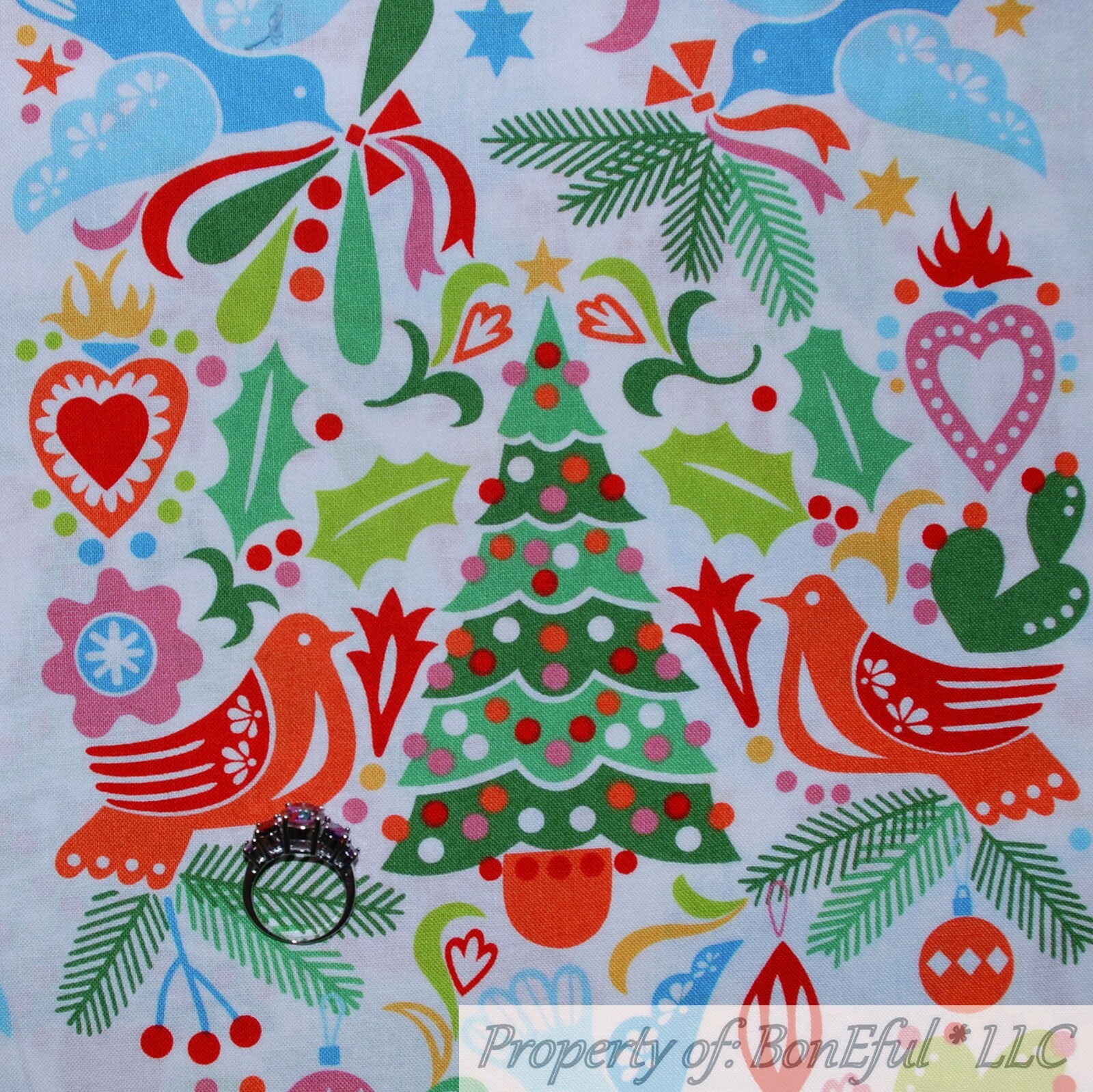 BonEful Fabric FQ Cotton Quilt White Red Green Xmas Tree Blue Bird Dot Holiday L