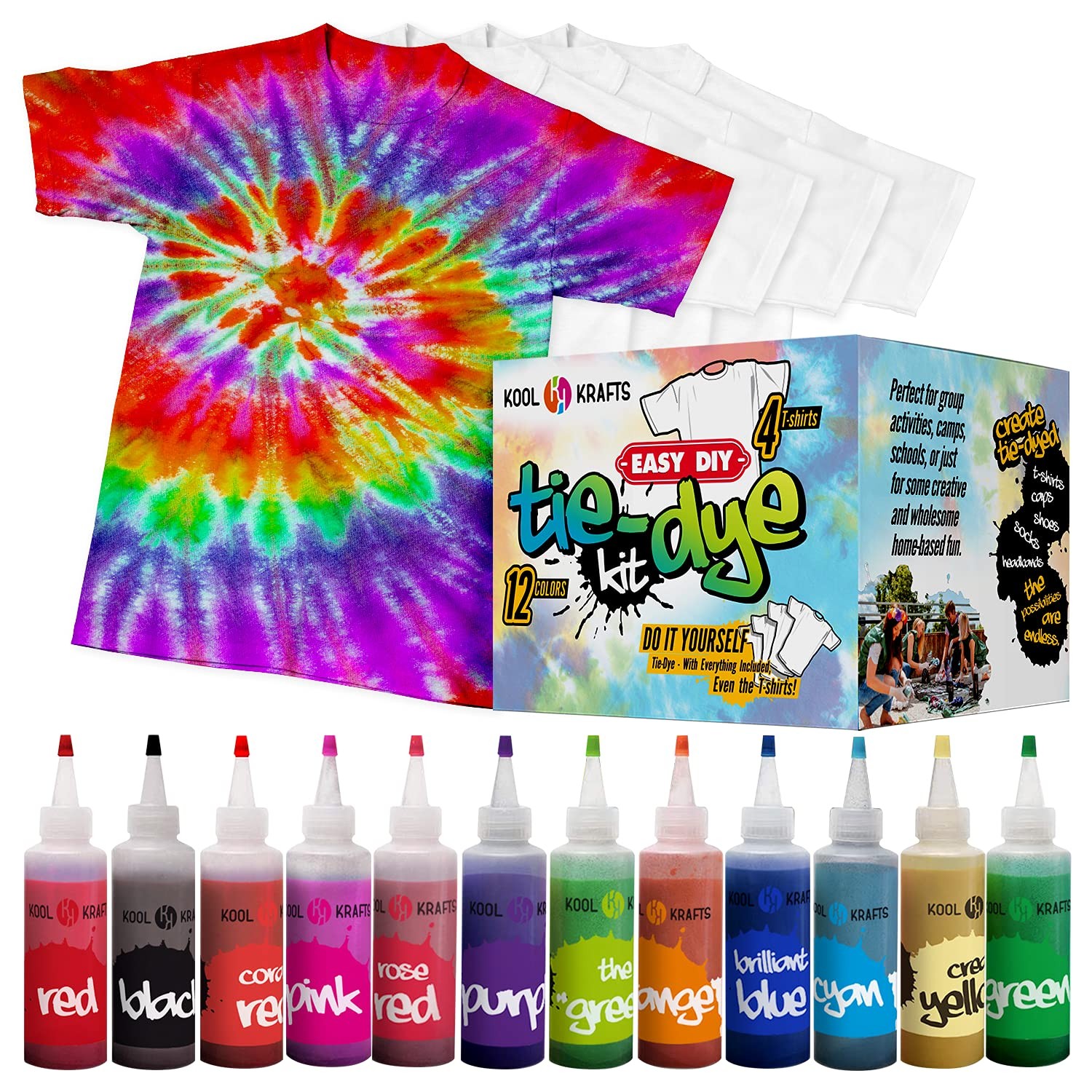 Tie Dye Kit, All-Inclusive with 12 Vibrant Colors, + 4 White T-Shirts – Perfe…