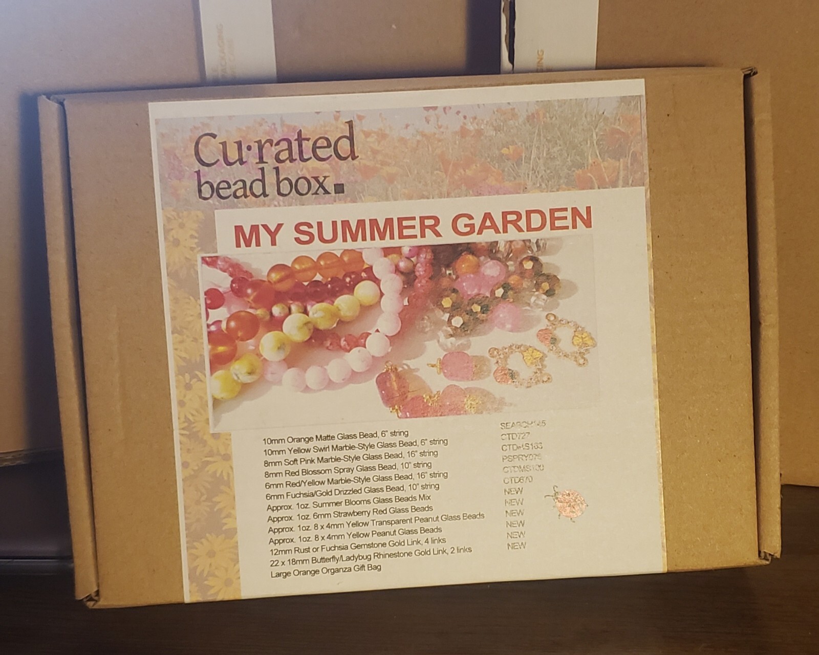 Curated Bead Box “My Summer Garden” NIB, opened Jewelry kit. Pink orange glass