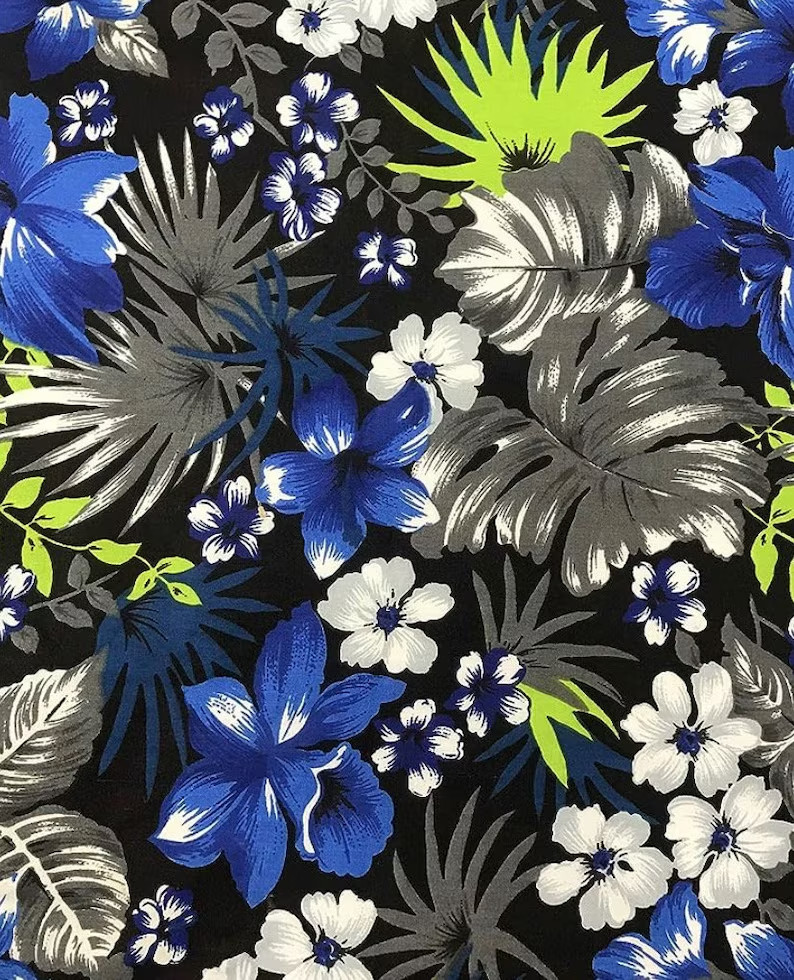 Black royal Hawaiian Flowers Poly Cotton 60” Wide fabric- None Stretch