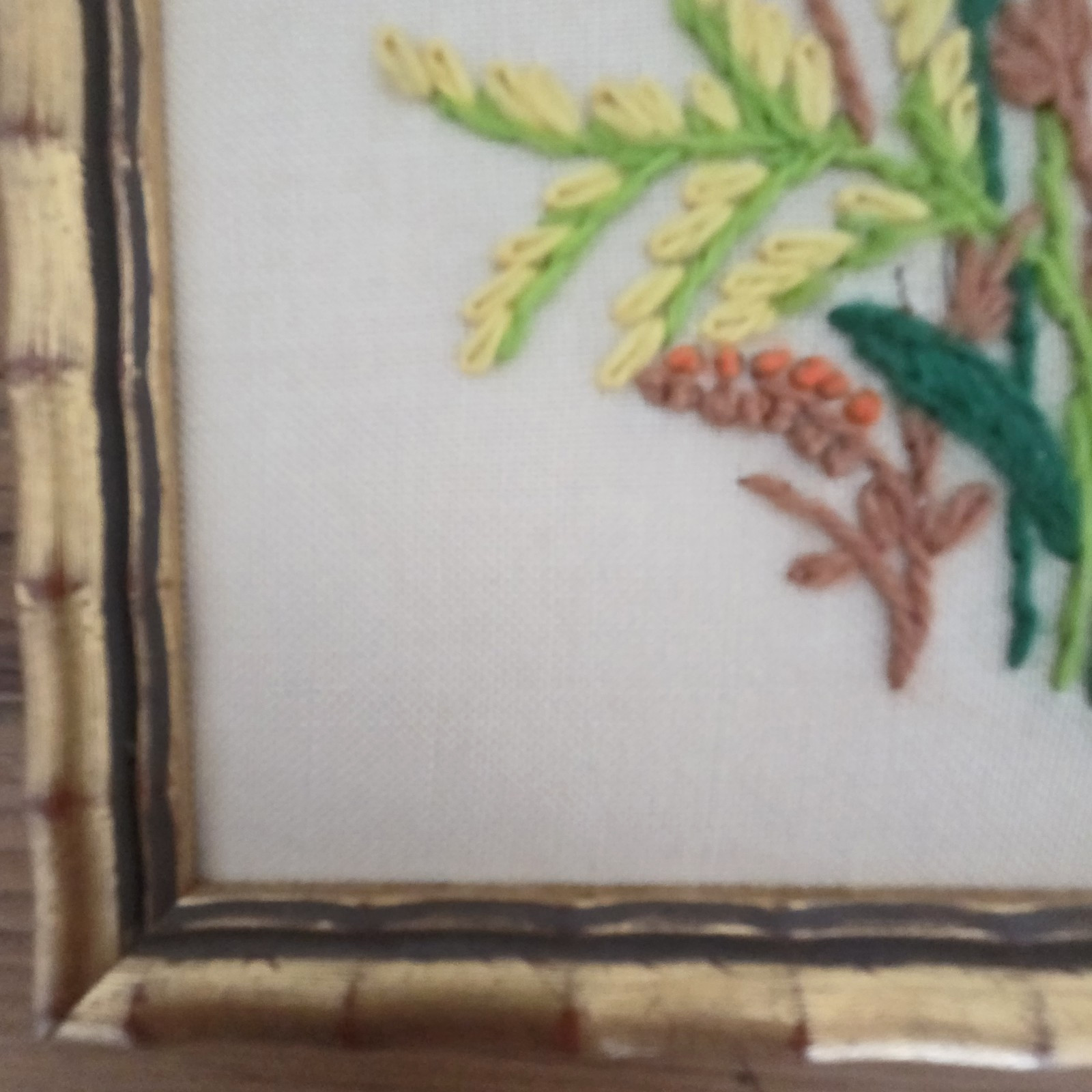 VTG Crewel Embroidery Wall Art Pair Flowers Faux Bamboo Gold Frame Grannycore