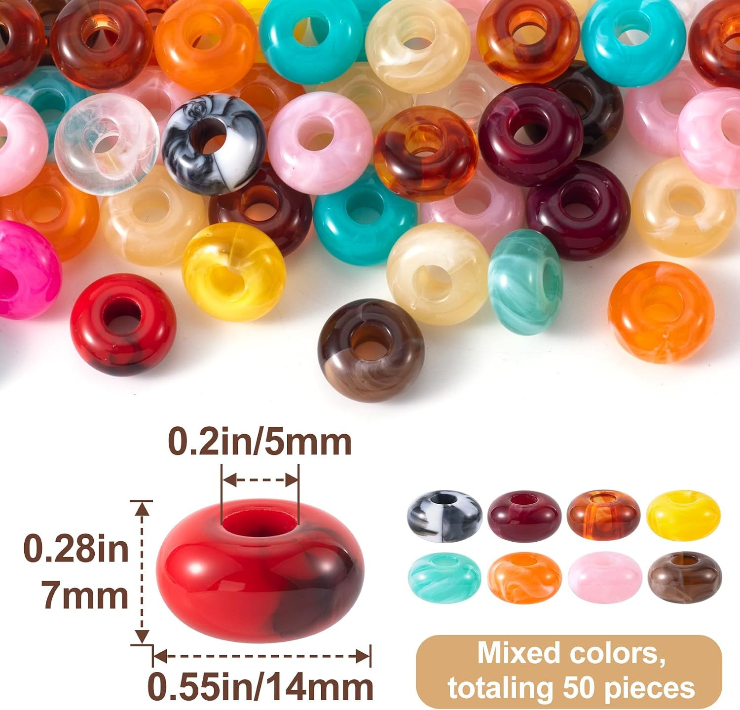 50Pcs round Acrylic Beads for Crafts, Large Hole Hair Beads for Jewelry Making,