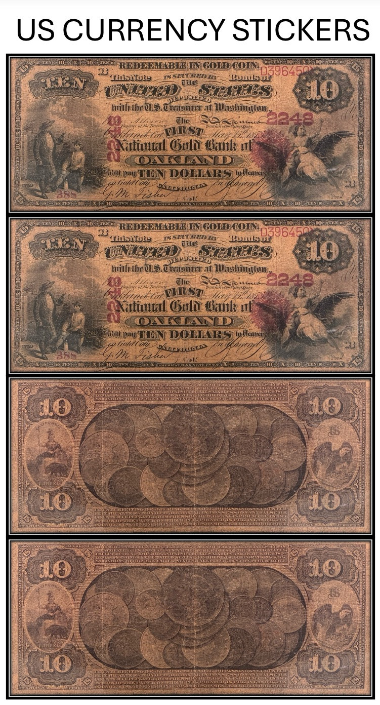 $10 Ten Dollar National Gold Bank Note Original Series (US CURRENCY STICKERS)