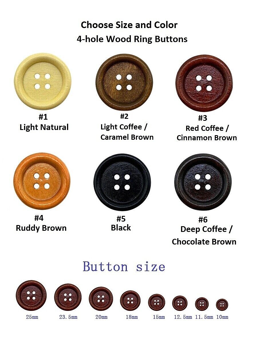 Choose Size & Finish Pkg of 4-hole 10 to 25mm (1″) Wood Ring Buttons (DR)