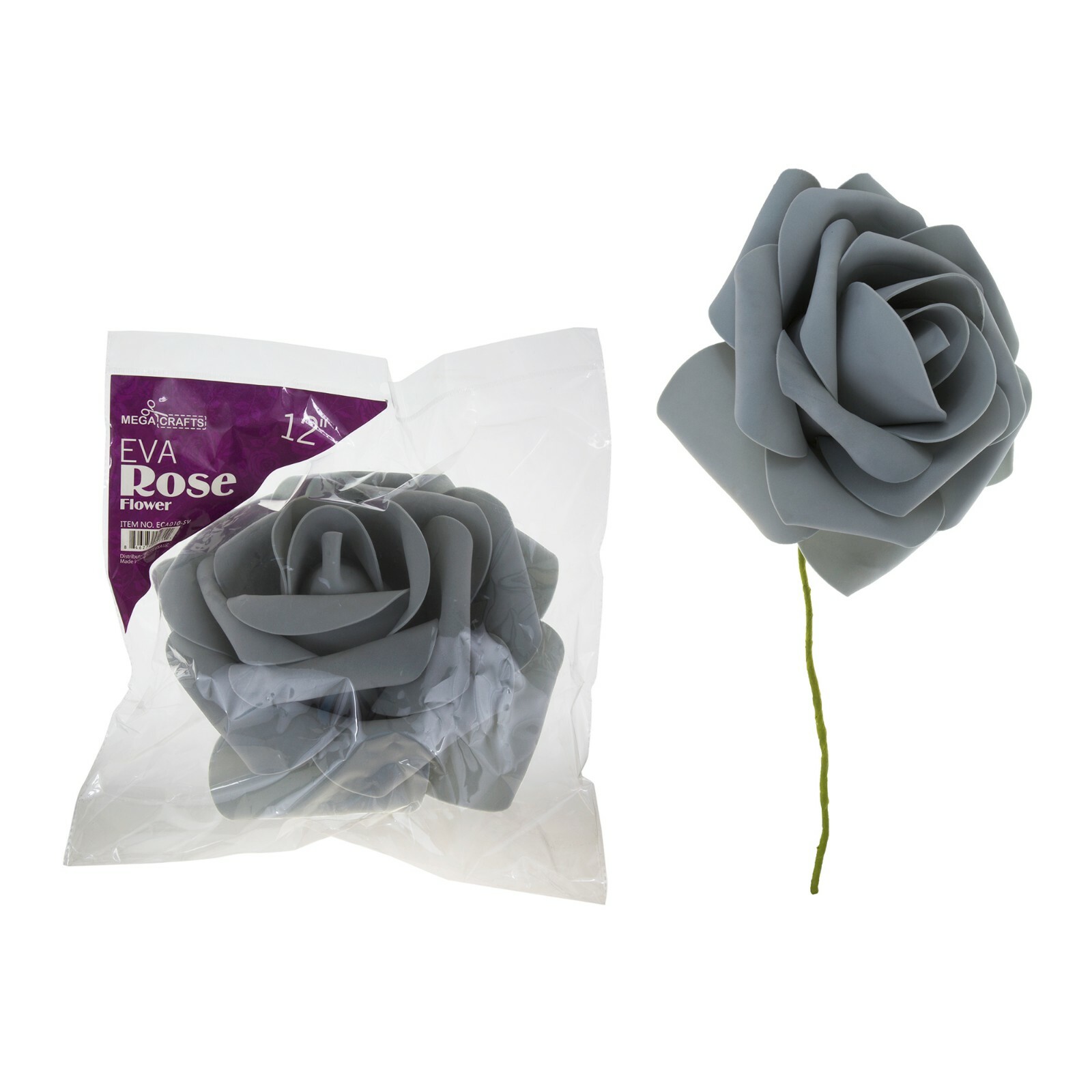 Mega Crafts – 12″ EVA Rose Foam Flower with Stem – Silver, 1PC