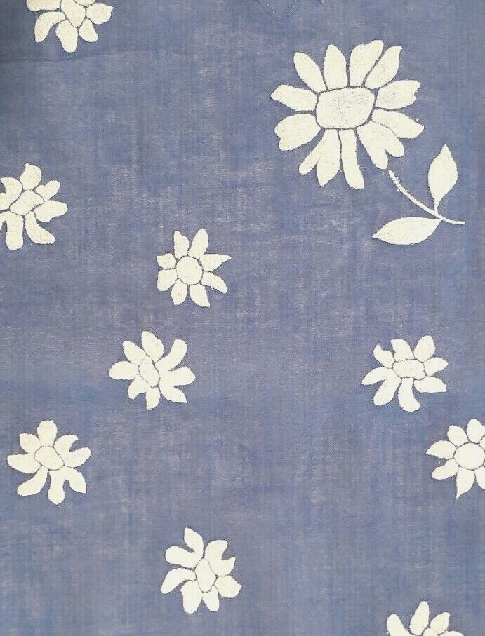 1950s Vtg. Swiss Flocked Fabric BTY *White Flowers On Dk. Blue Semi Sheer *Rare